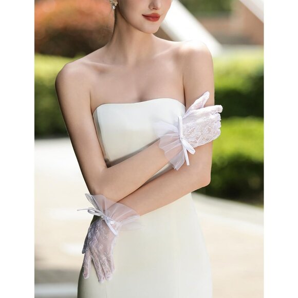 Women's Black Mesh Pearls Bow Short Lace Gloves Elegant Tea Party Party Tulle - Picture 2 of 5